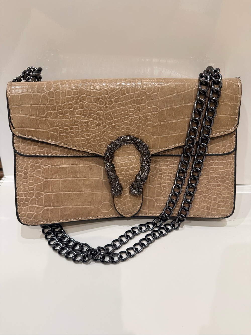 Taupe Croc-Embossed Chain Shoulder Bag